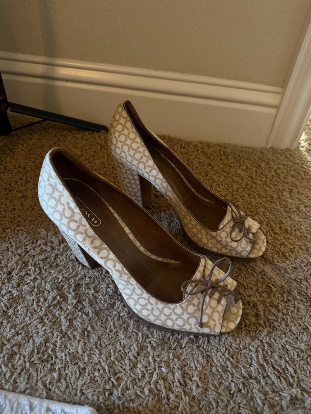 Coach Beige Signature Logo Peep-Toe Heels with Bow